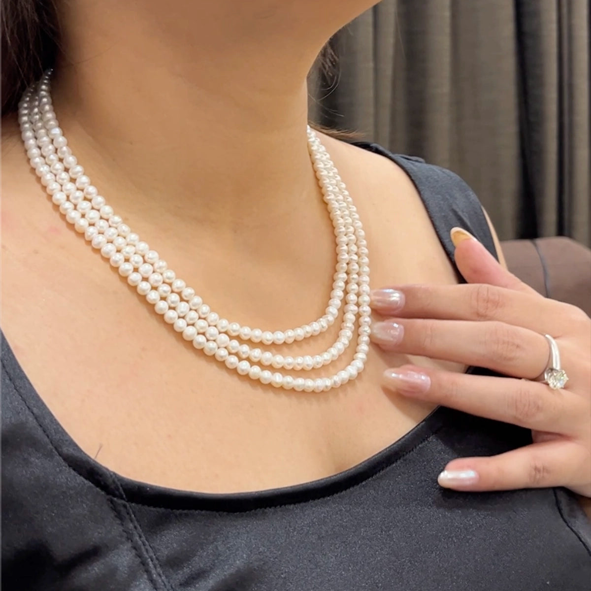 3 Strand Freshwater Pearl Necklace 18-21'' | 9-10mm White Pearls With Gold Plated Keshi