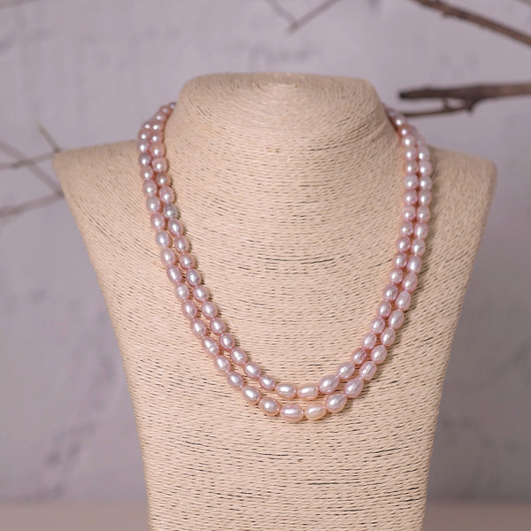 Bela- Double layered Freshwater Rose Pink Pearl necklace in Rice shaped Pearl