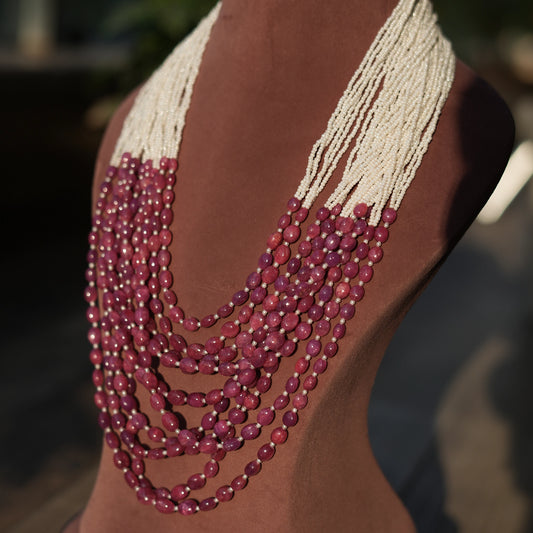 Manika- Layered multi strand Natural mani Rubies with the fusion of Pearls in a magnificent handcrafted design