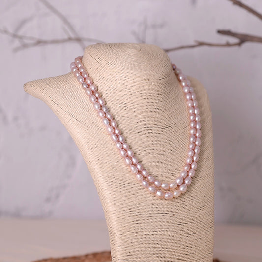 Bela- Double layered Freshwater Rose Pink Pearl necklace in Rice shaped Pearl