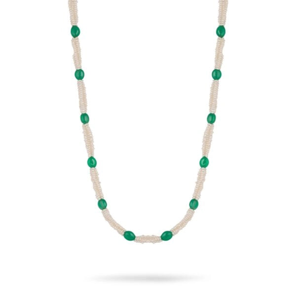 Sahar- Intertwined off white freshwater necklace with green onyx stones in single layer