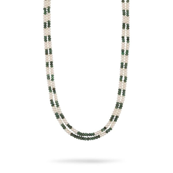 Saadia- A classic combination of Natural Emeralds and freshwater pearl in 2 layers tied in 22 cts gold rings