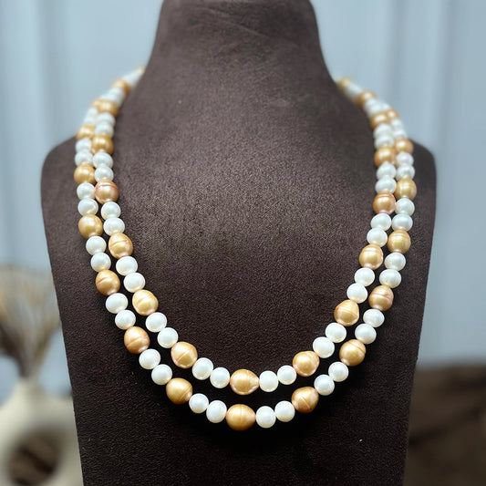 pulak- combination of golden Oval shape and white colour round pearls in double layer