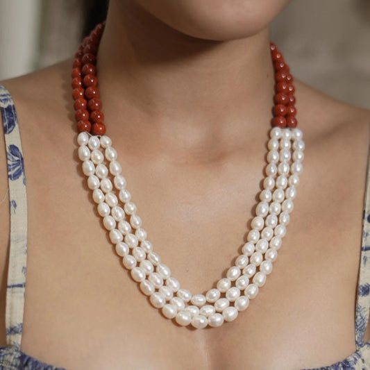 Azahar- combination of natural corals and drop shape pearl necklace