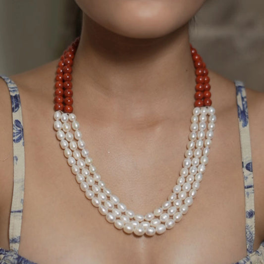 Azahar- combination of natural corals and drop shape pearl necklace