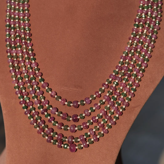 Iridia-A mix of Natural Rubies and Emeralds strung together with a tinge of Pearl to form a mesmerising necklace