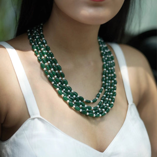 Midori- Combination of green onyx and round pearl shape necklace