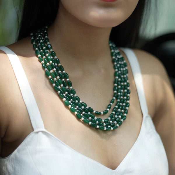 Midori- Combination of green onyx and round pearl shape necklace