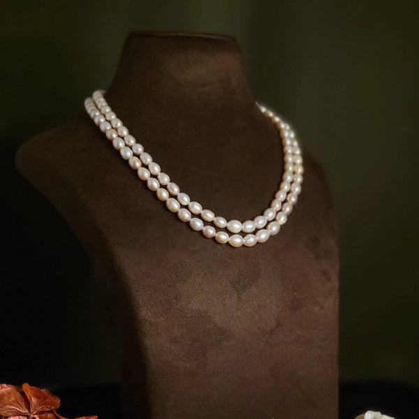 Raha: Double layered Freshwater Pearl necklace in Rice shaped Pearls